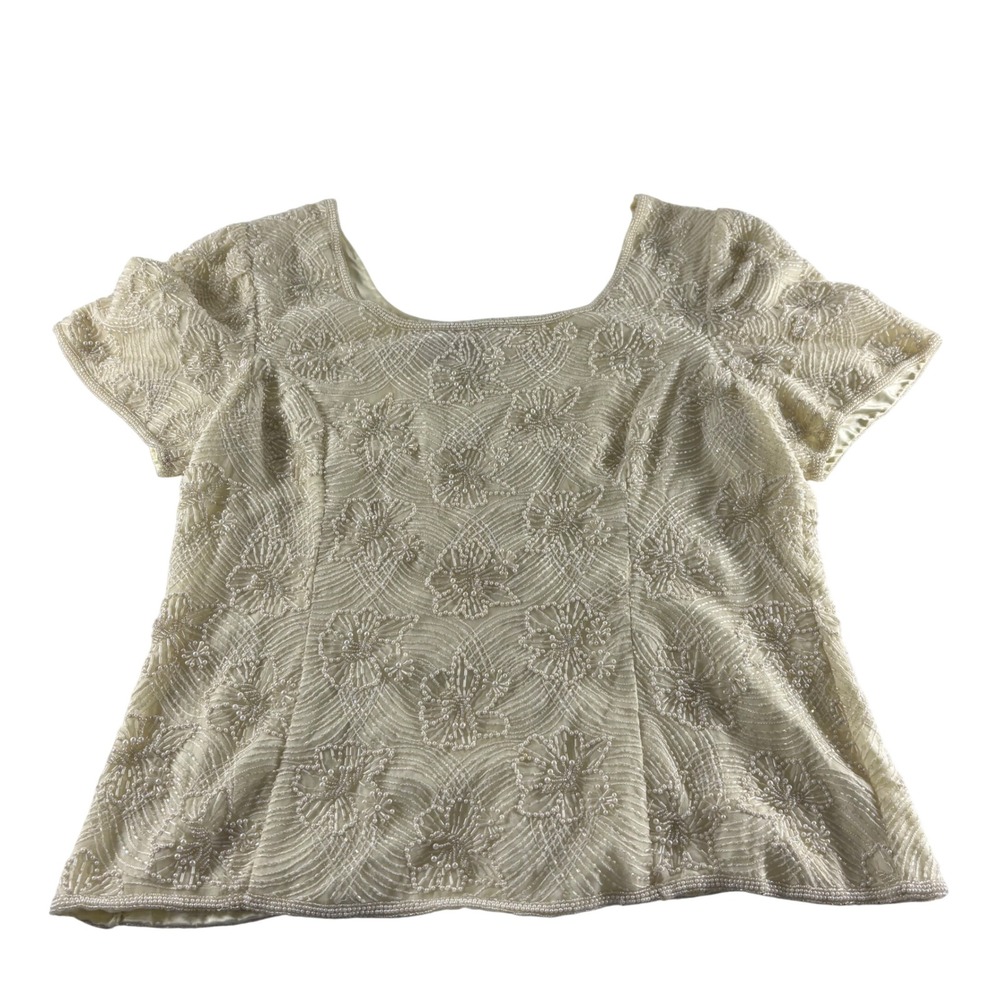 Laurence Kazar Vintage Beaded Silk‎ Blouse Cream Floral Sequin Evening Top XXL
